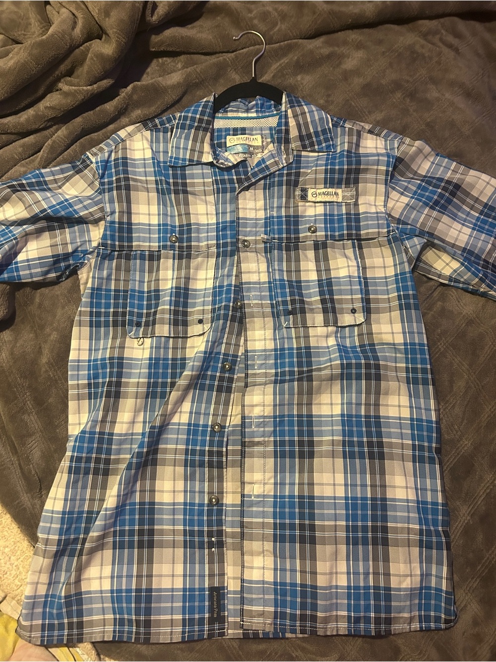 Magellan Outdoors Men’s Blue and White Plaid Short Sleeve Button-Down Shirt